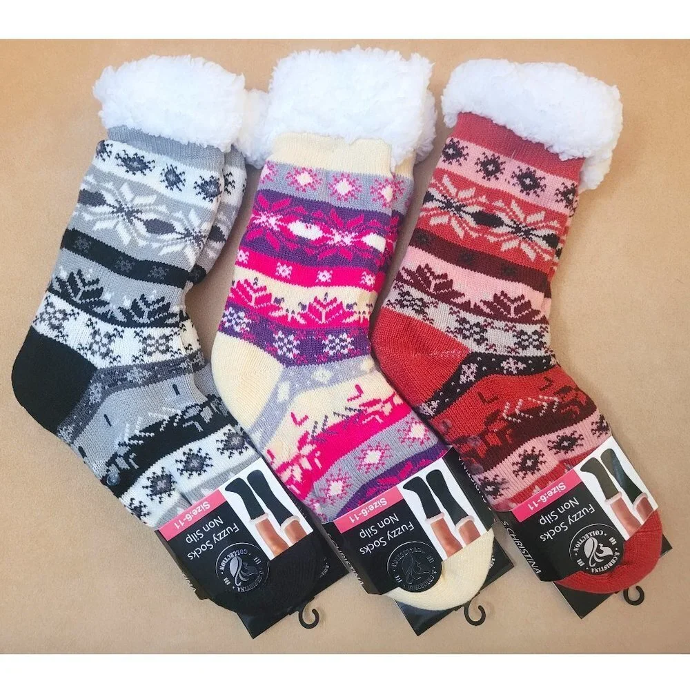 Women's Cotton Fuzzy Non Slip Patterned Socks, Bundle of 3 Pairs